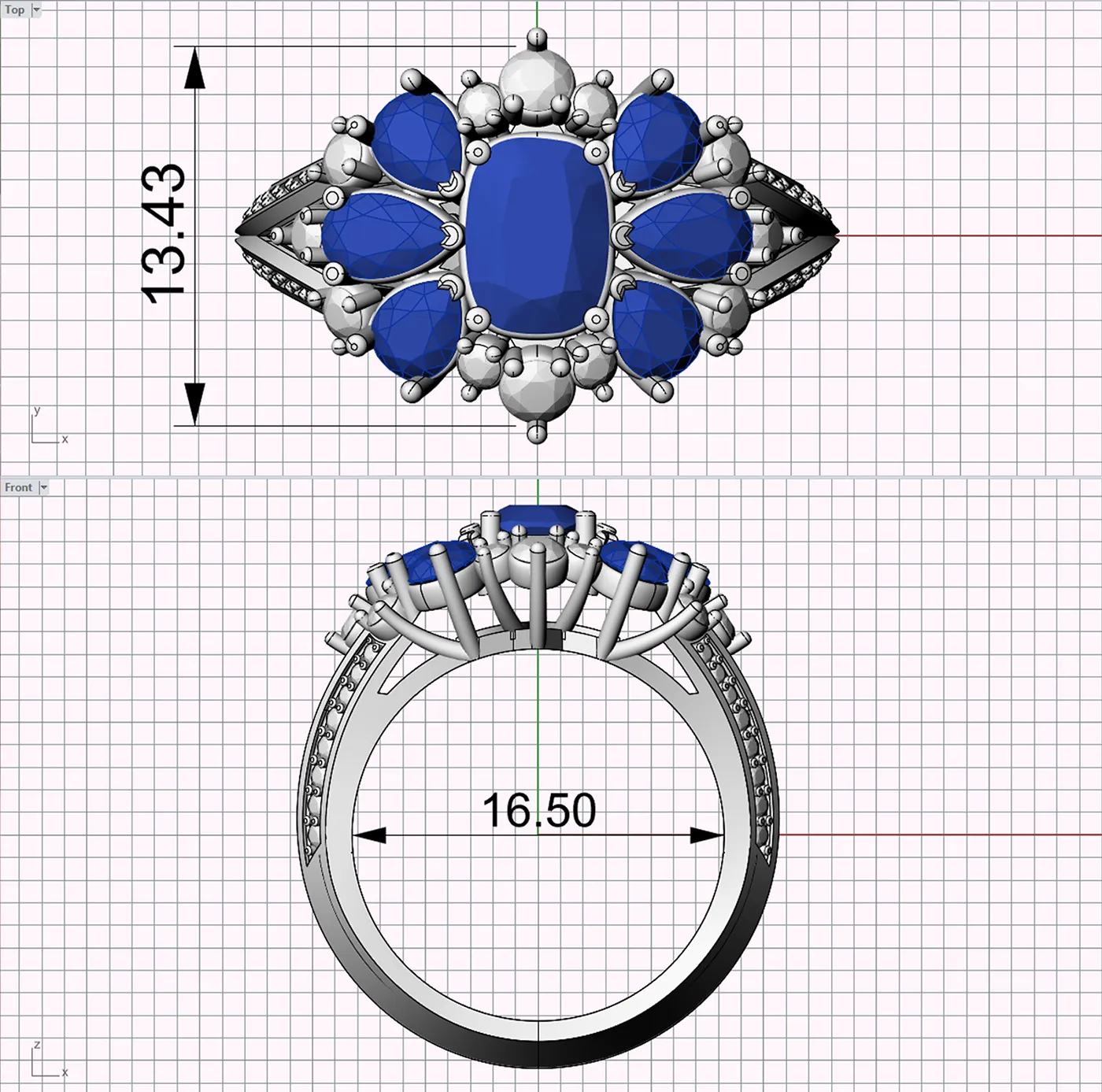 3D CAD rendering of a custom sapphire cluster ring with gemstone dimensions and side views
