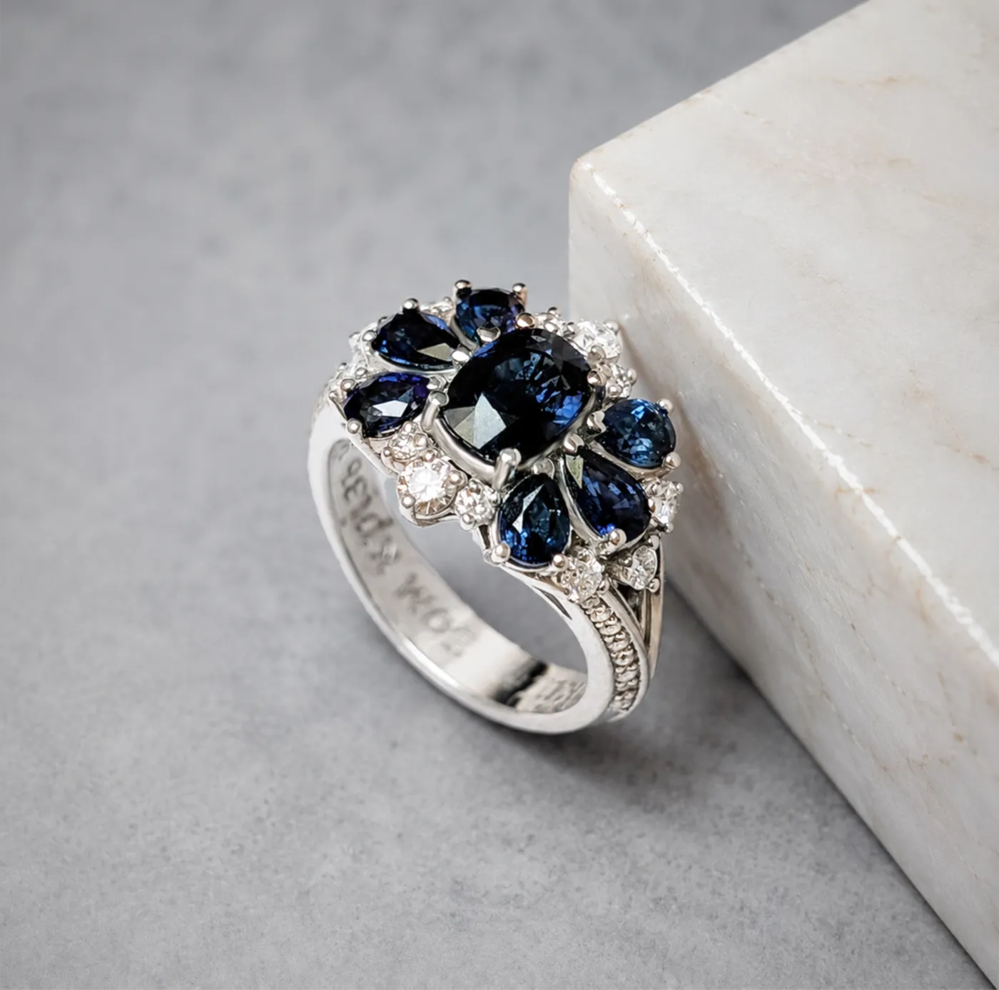 Custom white gold sapphire cluster ring with clear diamond accents on a luxury jewelry display