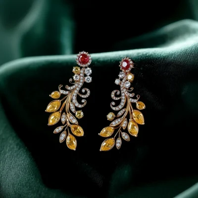 18K Yellow Gold Round Clear and Yellow Diamond Ruby and Citrine Leaf Dangle Earrings. Custom Earrings. US