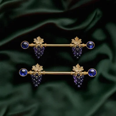 18K Yellow Gold Sapphire and Amethyst Straight Barbells with Grapes. Custom Body Piercing Jewelry. US