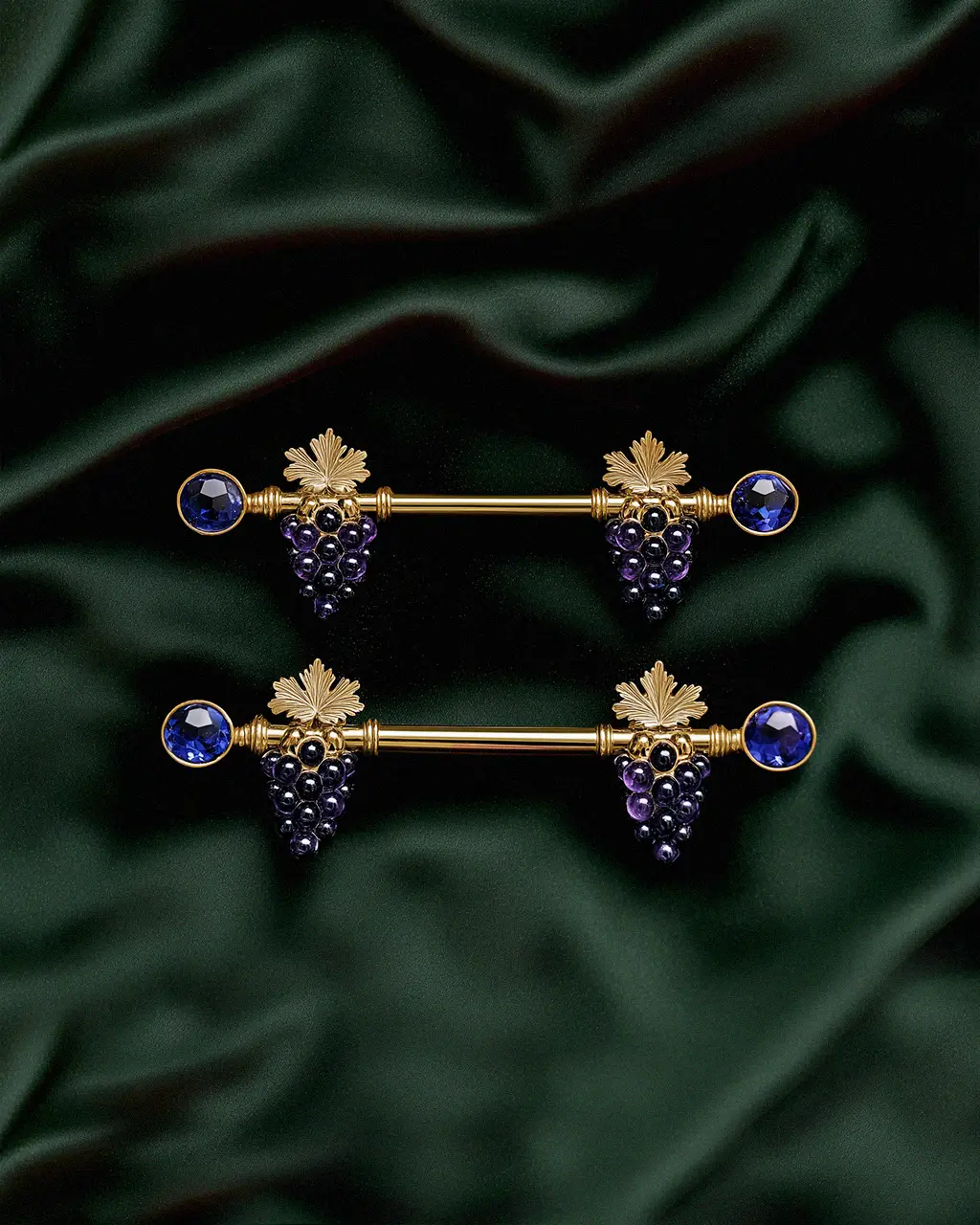 18K Yellow Gold Sapphire and Amethyst Straight Barbells with Grapes. Custom Body Piercing Jewelry. US