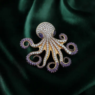 18K Yellow Gold Diamond and Amethyst Octopus Brooch. Custom Brooches and Pins. US