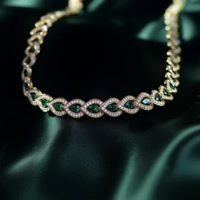 18K Yellow Gold Round-Cut Diamond and Pear-Cut Emerald Chain. Custom Chain. US