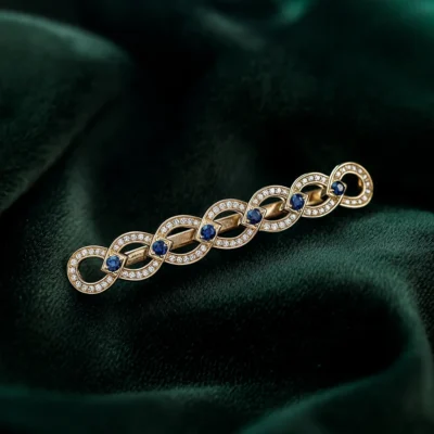 18K Yellow Gold Round Diamond and Sapphire Tie Clip. Custom Cufflinks & Tie Clips. US