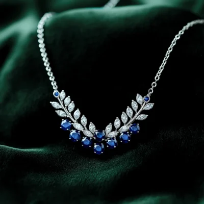 18K White Gold Round Sapphire and Clear Marquise Diamond Leaf Tree Branch Necklace. Custom Necklace. US