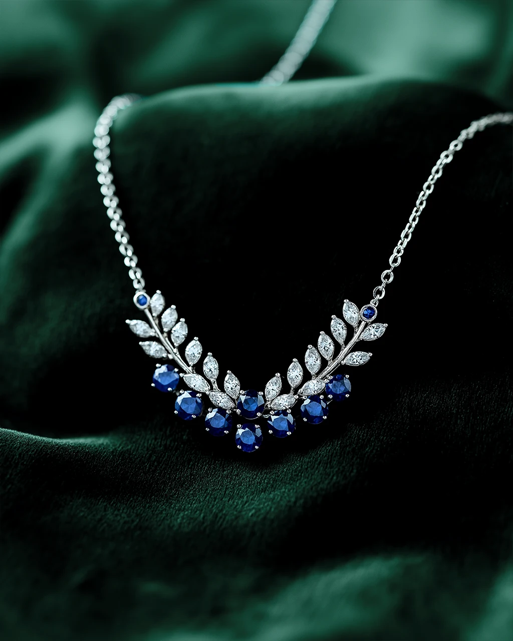 18K White Gold Round Sapphire and Clear Marquise Diamond Leaf Tree Branch Necklace. Custom Necklace. US