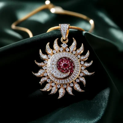 18K Yellow Gold Diamond and Ruby Sun with Beams Pendant on a chain. Custom Pendants. US