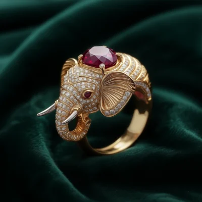 18K Yellow and White Gold Diamond and Ruby Elephant's Head With Tusks Ring. Custom Ring. US