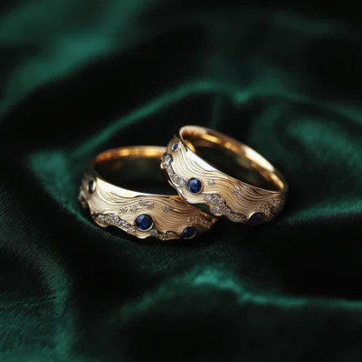 18K Yellow Gold Diamond and Sapphire Wedding Bands Waves Sky and Stars. Custom Wedding Bands. US