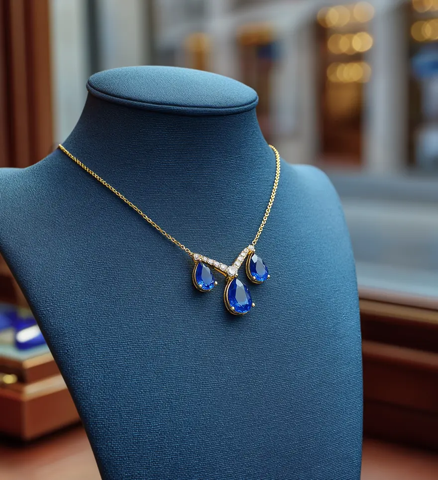 Custom Necklace with Three Pear-Shaped Sapphires and Diamonds in 18K Yellow Gold. Custom Necklace. US