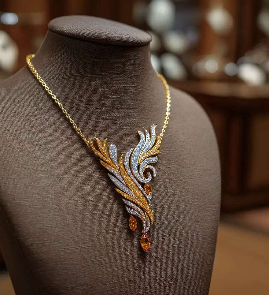 Custom Citrine and Diamond Necklace in 18K White and Yellow Gold. Custom Necklace. US
