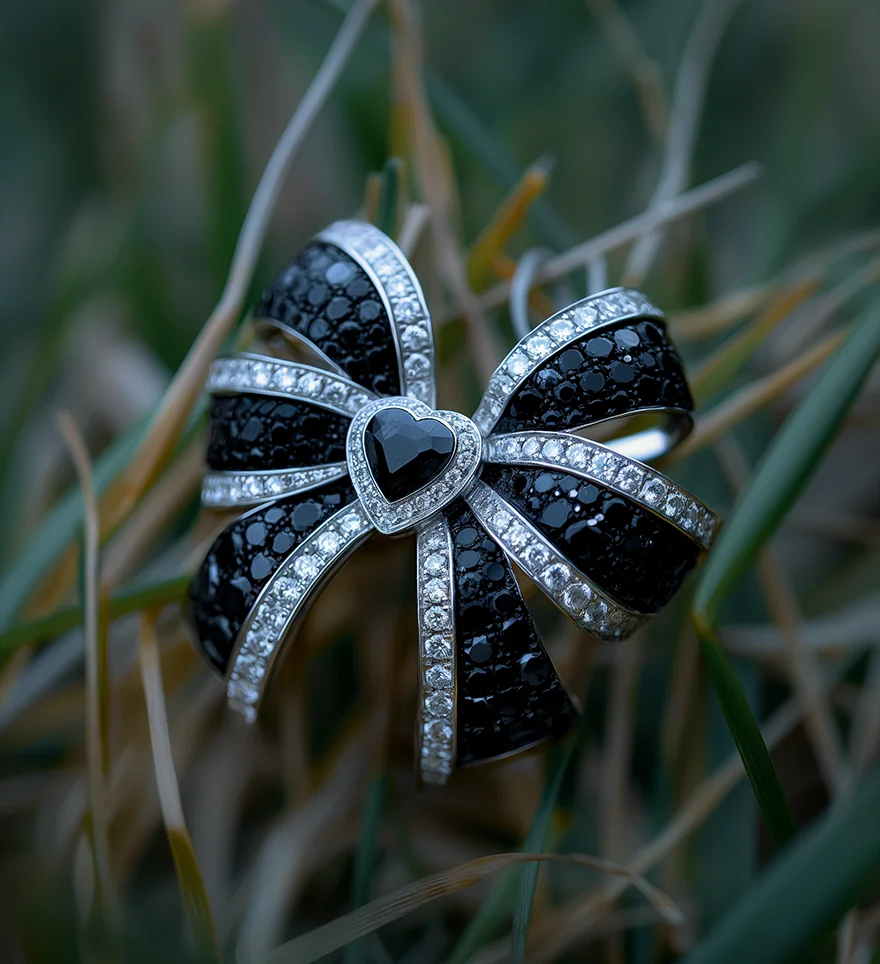 18K White Gold Central Black Heart Cut Diamond And Round White and Black Diamond Bow Brooch. Custom Brooches & Pins. US