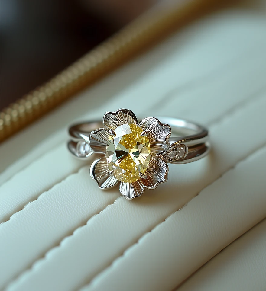 White Gold Oval Yellow Diamond And Round White Diamond Flower-Shaped Engagement Ring. Olertis 18K White Gold Oval Yellow Diamond And Round White Diamond Flower-Shaped Engagement Ring. Custom Engagement Rings. US