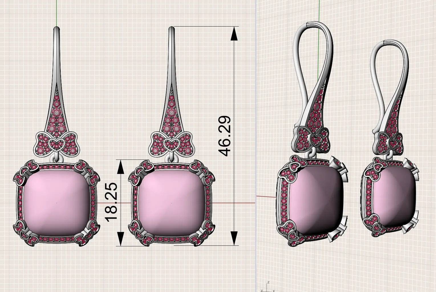 CAD 3D Rendering of Custom Butterfly Bow Earrings with Pink Gemstones. Olertis CAD 3D model of custom drop earrings featuring pink cushion-cut stones, butterfly bow accents, and technical dimensions. Olertis