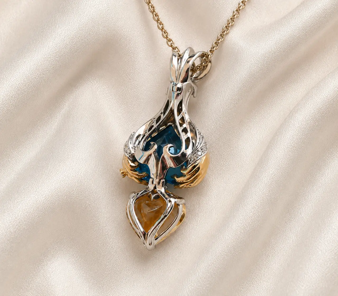 Custom Gold Pendant with Blue Topaz and Citrine. The back of the pendant. Olertis Custom gold pendant with blue topaz, citrine, and clear diamonds on silk background. The back of the pendant