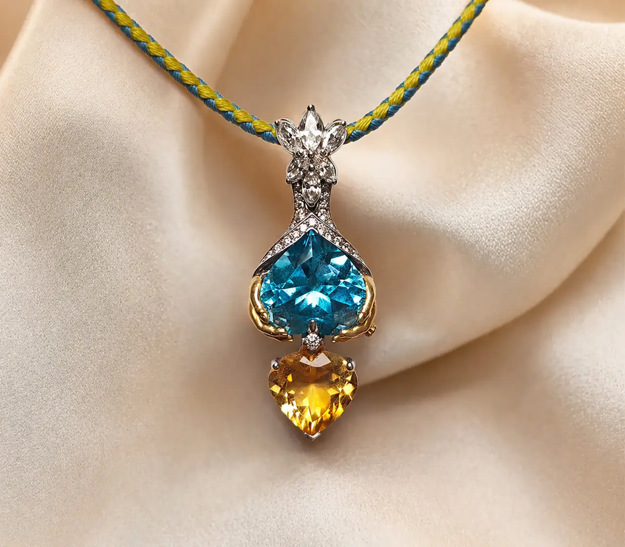 Custom Gold Pendant with Blue Topaz and Citrine. Olertis Custom gold pendant with blue topaz, citrine, and clear diamonds on silk background
