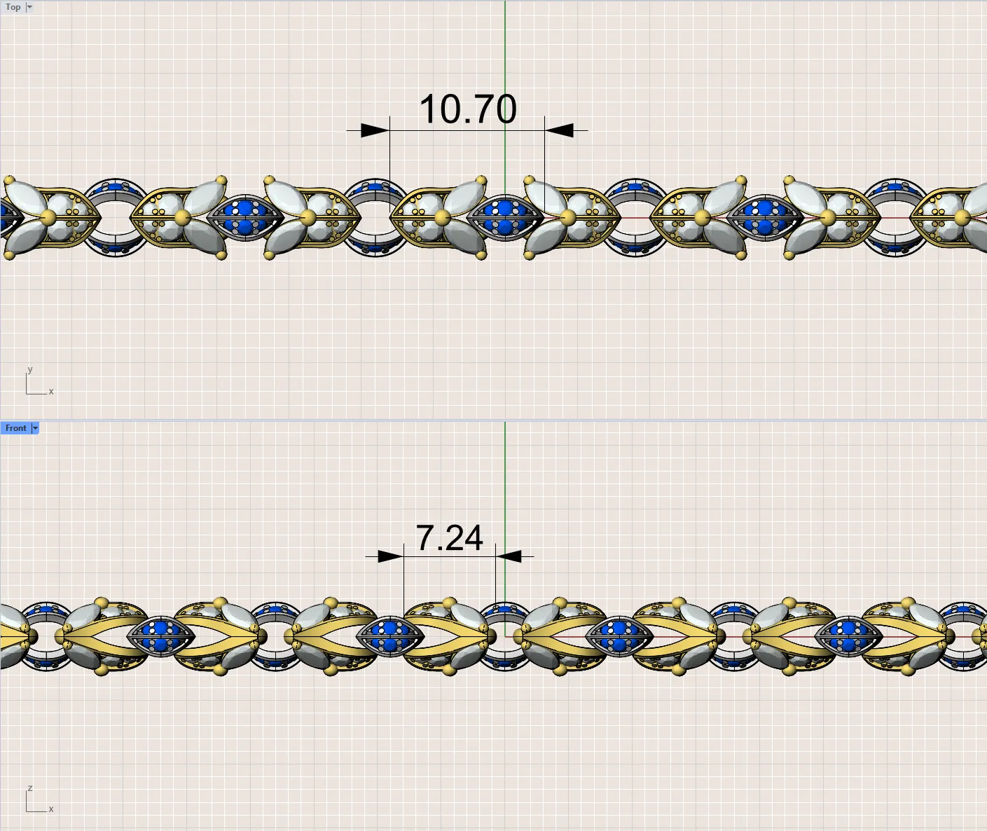 Custom Chain Link Design – 3D CAD Model with Dimensions 3D CAD model of a custom chain featuring intricate repeating links, gold and white metal elements, blue gemstone settings, and precise dimensions in top and front views