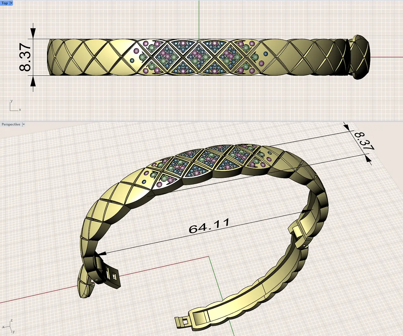 Custom Gemstone Bracelet – 3D CAD Design and Engineering | Olertis 3D CAD model of a custom gemstone bracelet showing its design, dimensions, and clasp construction.