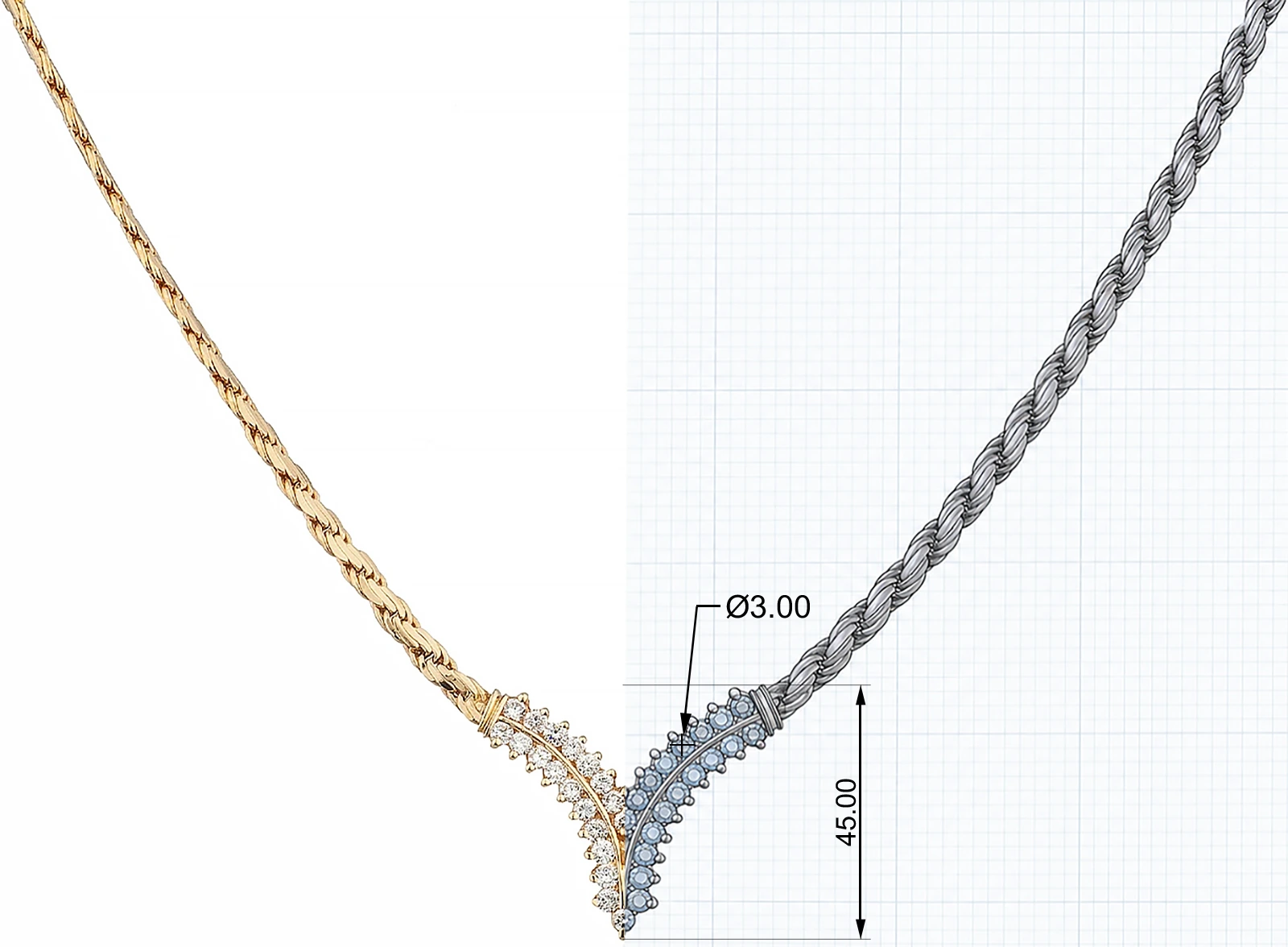 Custom Necklace Design – 3D CAD Model vs. Finished Jewelry Custom gold and diamond necklace design shown as finished jewelry on one side and a 3D CAD model on the other.