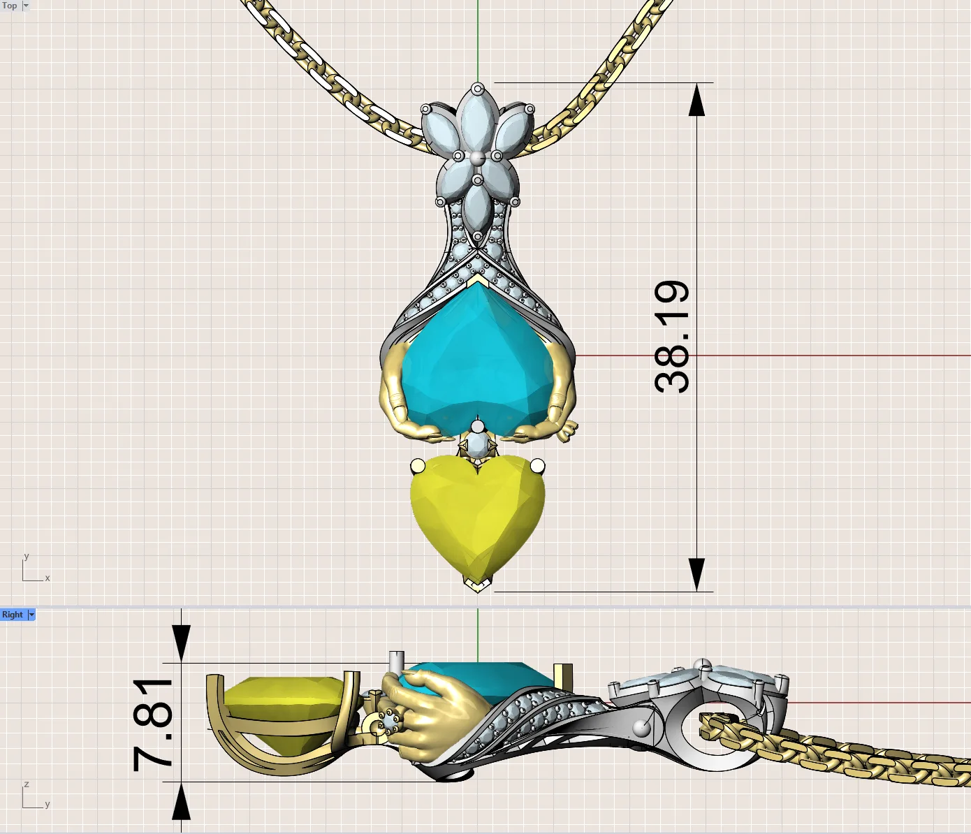 3D CAD model of a custom necklace pendant showing front and side views, blue and yellow gemstones, floral details, and gold hands holding the center stone.