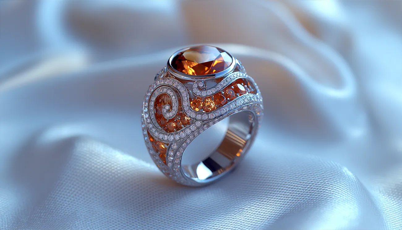 18k White Gold Orange and White Diamonds Ring. Custom Birthstone Rings. US