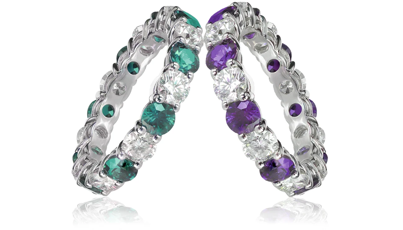 18K White Gold White Emerald Diamond and Amethyst Unique Custom Wedding Rings. Unique Custom Wedding Rings. US