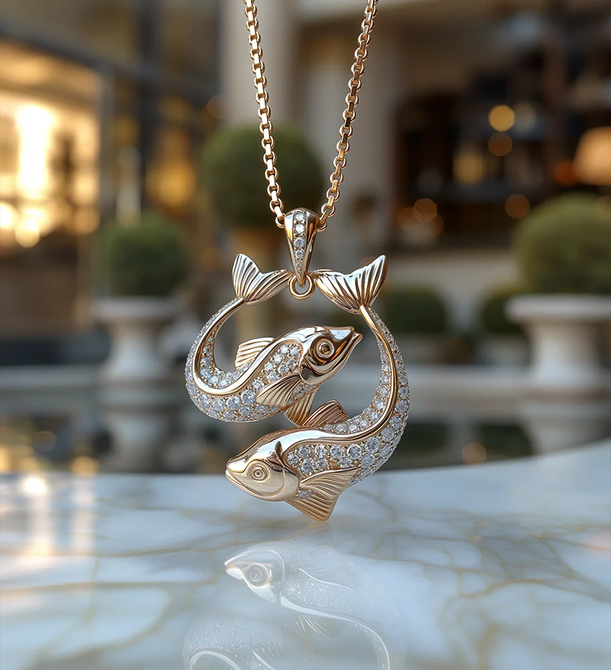 Custom 18K Rose Gold Diamond Pisces Pendant. Zodiac Pendant. US