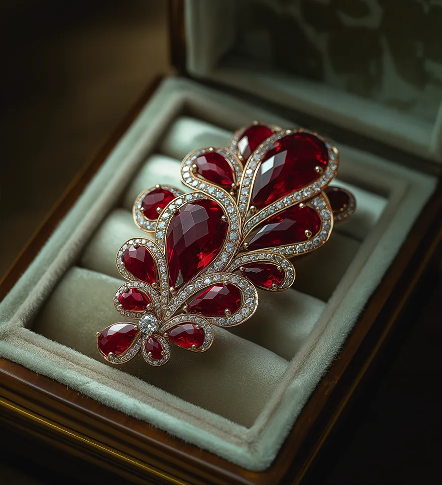 18K Yellow Gold Ruby Diamond Vintage Custom Pin Brooch. Ruby Brooch. US