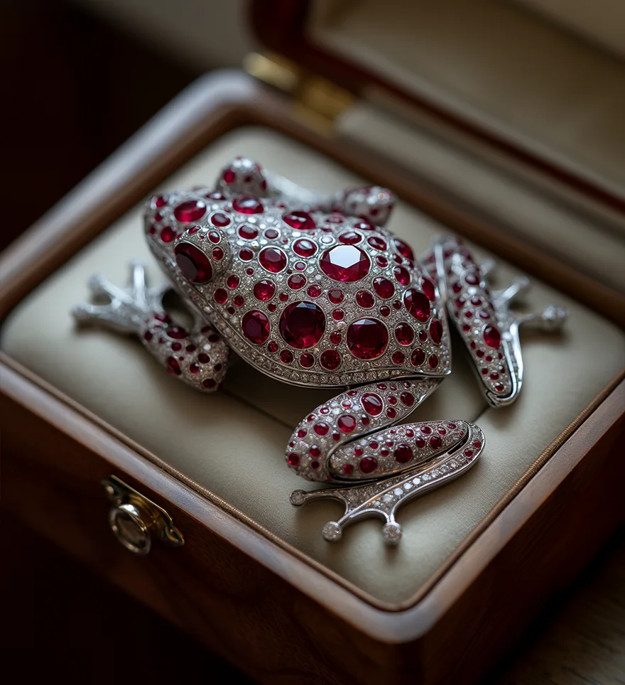 18K White Gold Ruby Diamond Frog Pin Brooch. Ruby Brooch. US