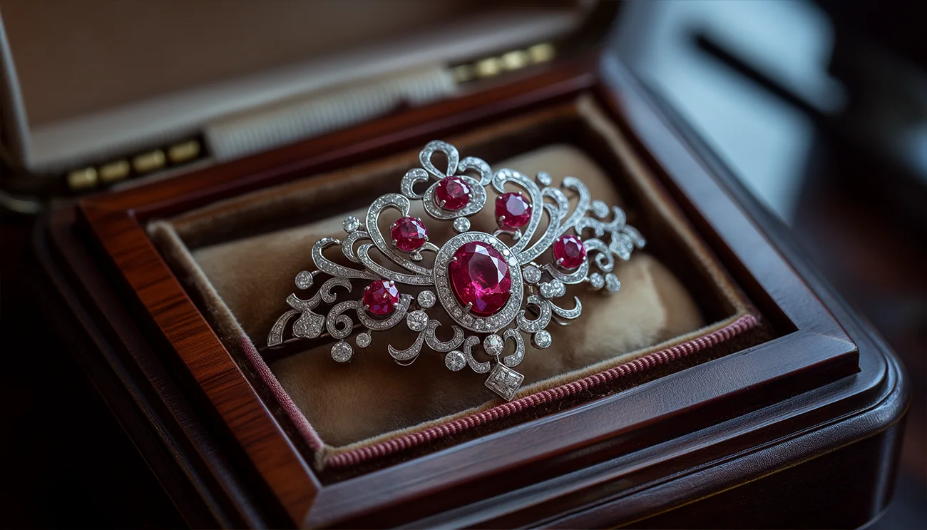 18K White Gold Ruby Diamond Crown Pin Brooch. Ruby Brooch. US