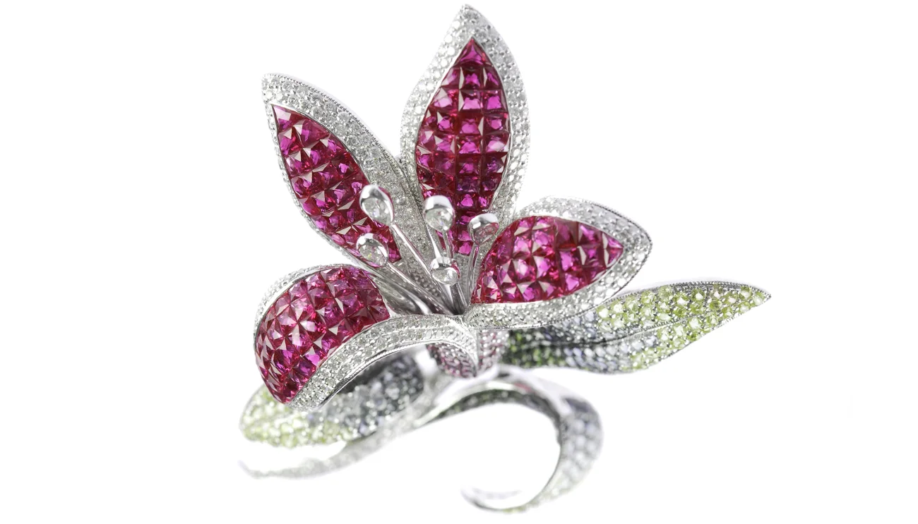 18K White Gold Ruby Diamond Citrine Flower Lily Pin Brooch. Ruby Brooch. US