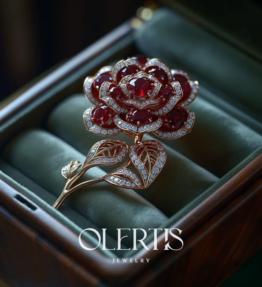 18K Yellow Gold Ruby Diamond Rose Pin Brooch. Ruby Brooch. US