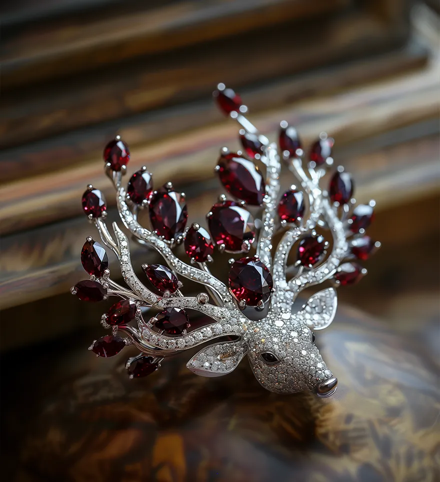 18K White Gold Garnet Diamond Emerald Large Whitetail Deer Head Pin Brooch. Garnet Brooch. US