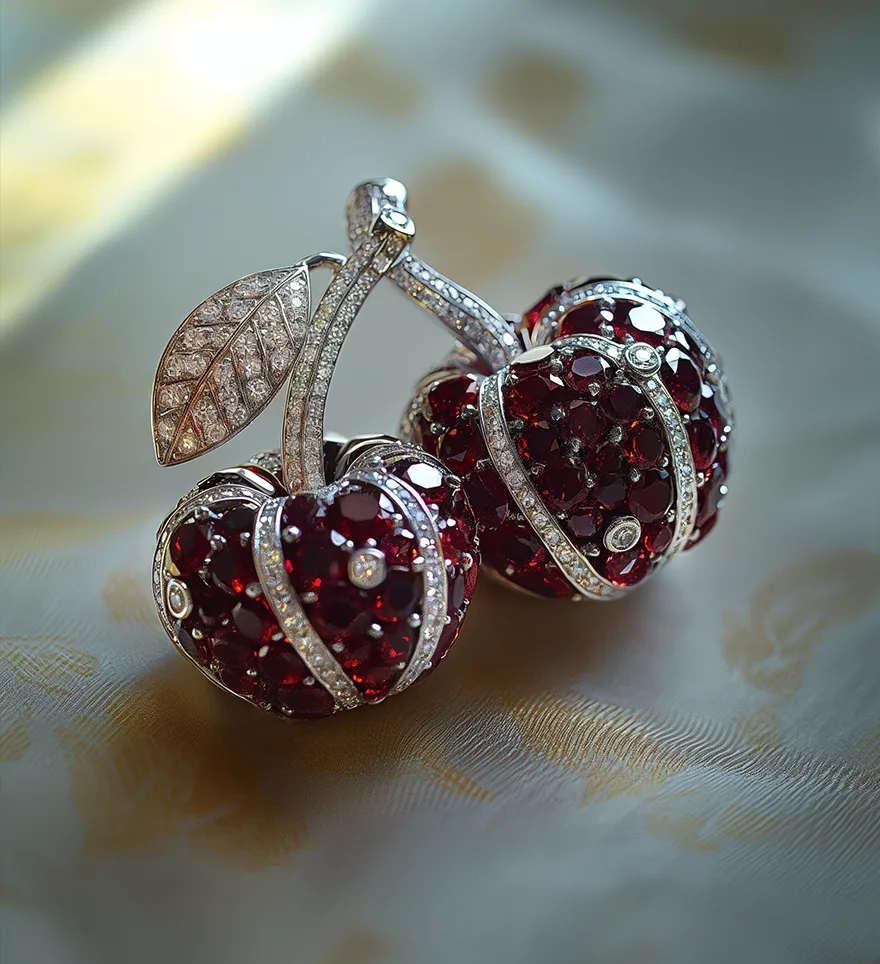 18K White Gold Garnet Diamond Cherries Pin Brooch. Garnet Brooch. US