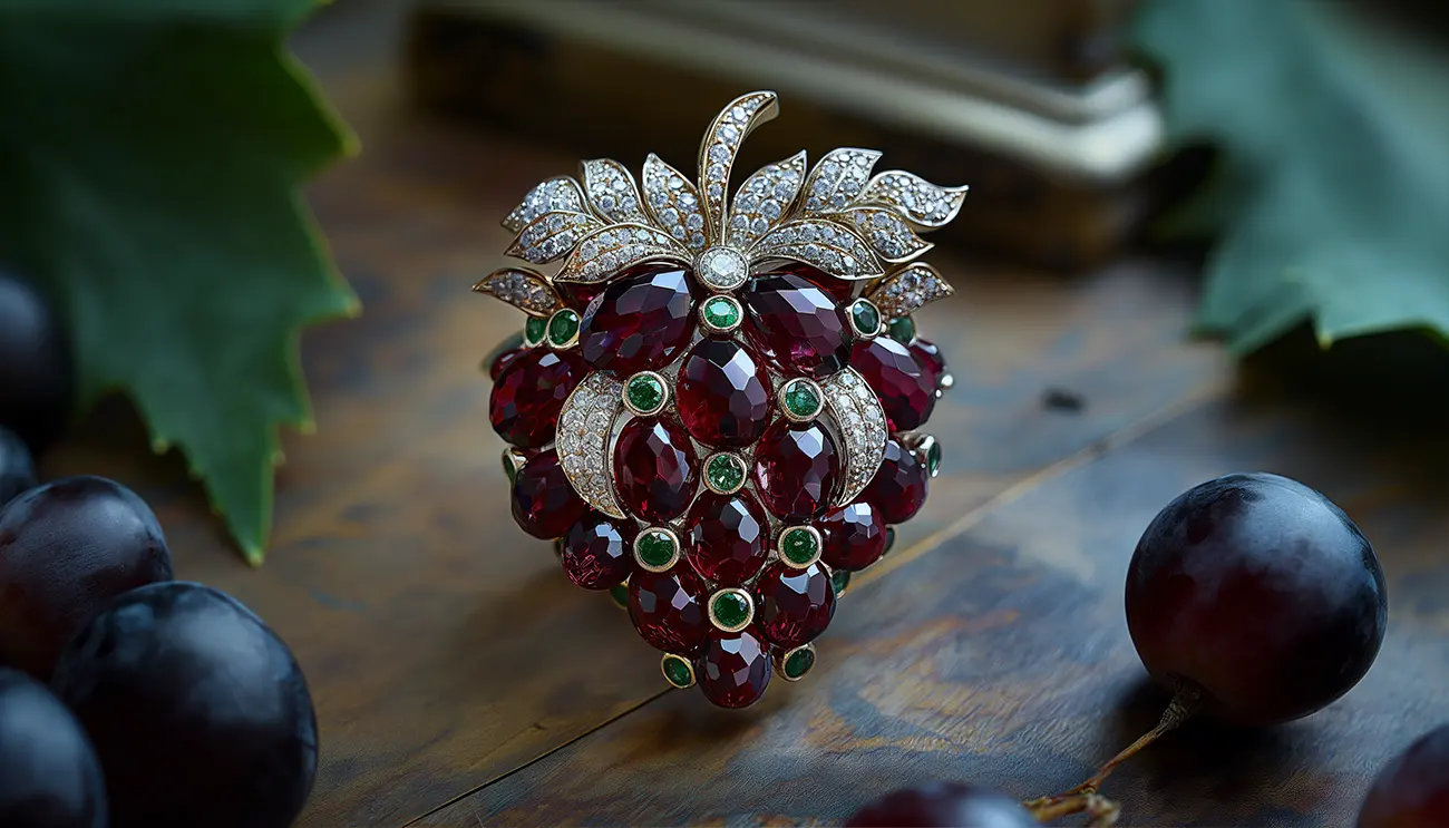 18K Yellow Gold Garnet Diamond Emerald Grape Pin Brooch. Garnet Brooch. US