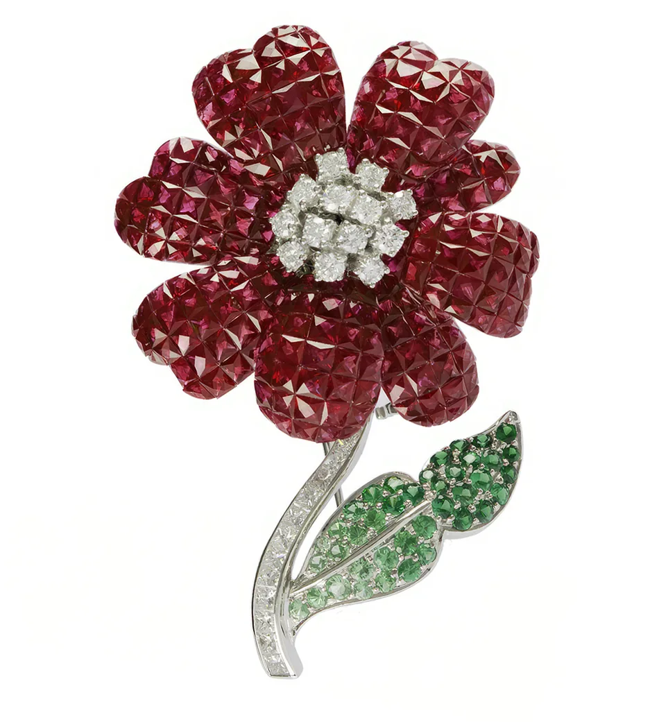 18K White Gold Garnet Diamond Emerald Pin Brooch. Garnet Brooch. US