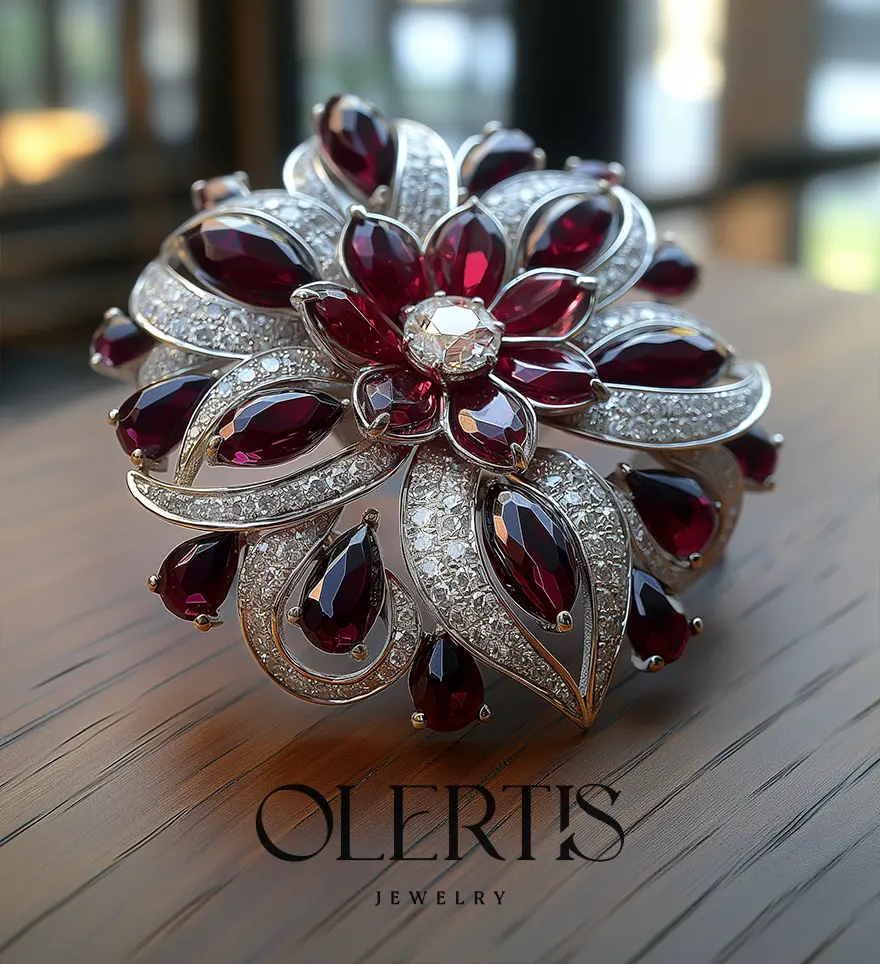 18K White Gold Garnet Diamond Flower Aster Pin Brooch. Garnet Brooch. US