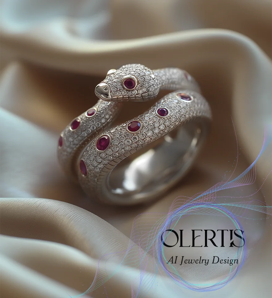 White gold ruby and diamond snake custom ring. AI design. US