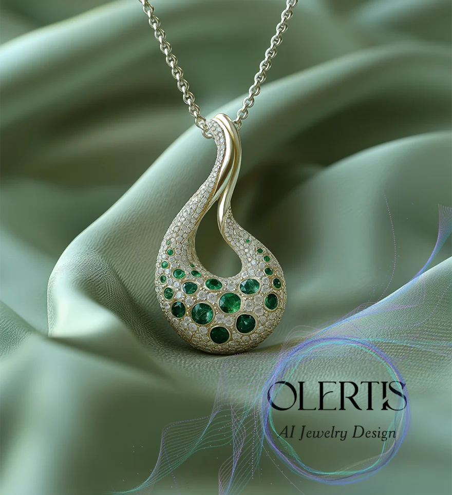 Emerald and diamond custom snake pendant on cable chain. AI design. US