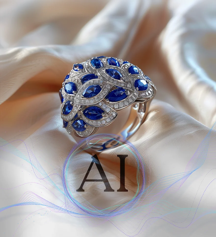 White gold marquise sapphire and diamond custom ring. AI Design. US