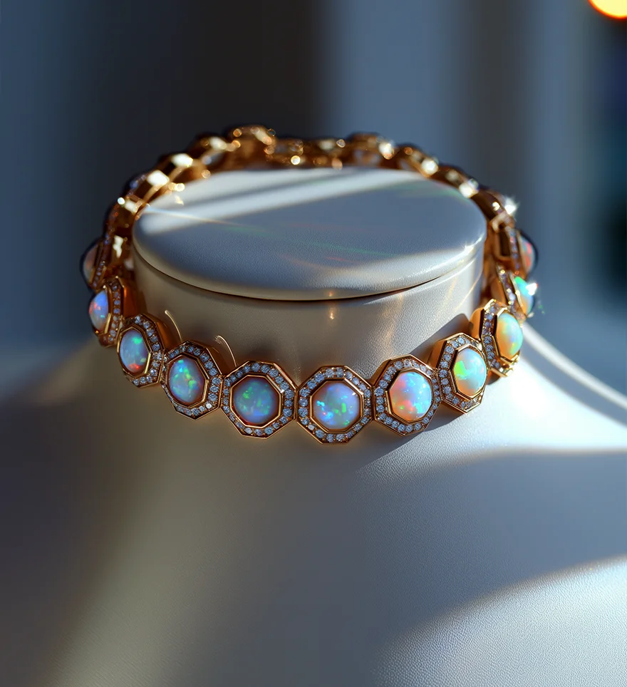 Custom gold choker necklace with opals and diamonds. US
