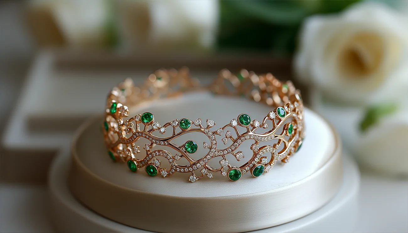 Custom design choker necklace with emeralds and diamonds. US