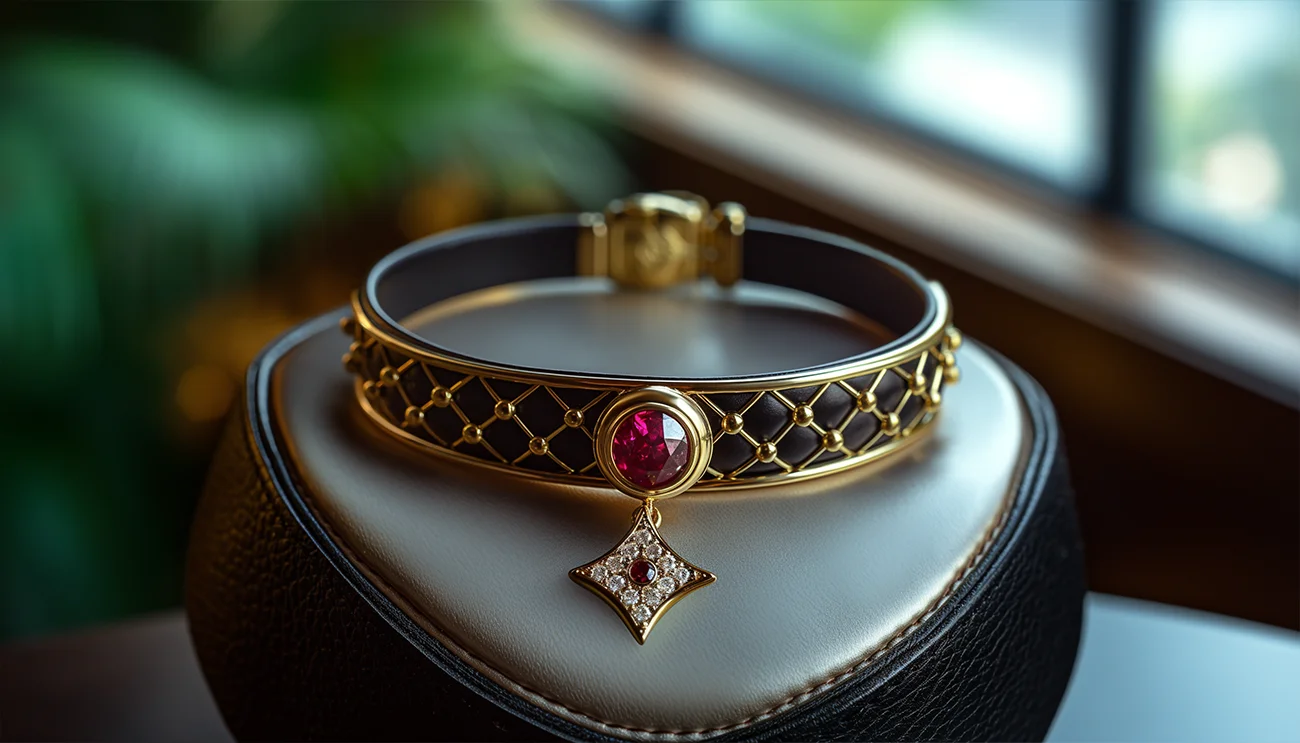 Gold choker necklaces with ruby, diamonds and leather band. US