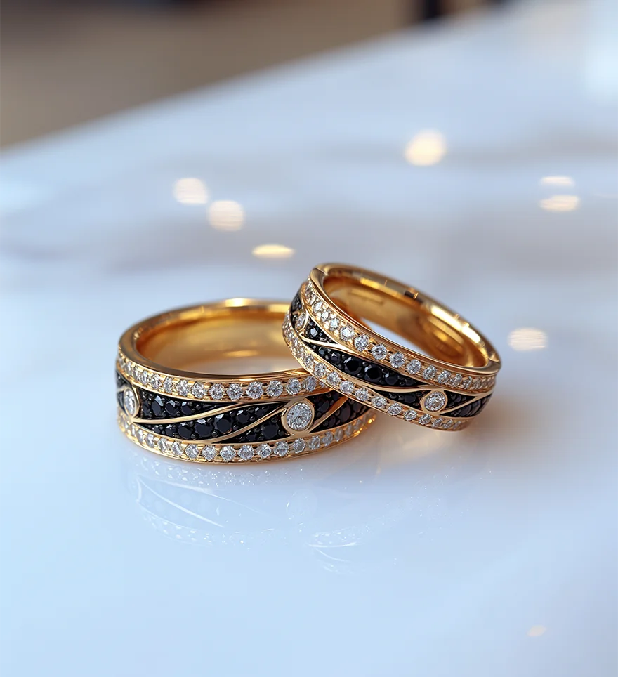 Custom 18K Pink Gold White And Black Diamond Couple Band Rings. Custom Custom Couple Rings. US