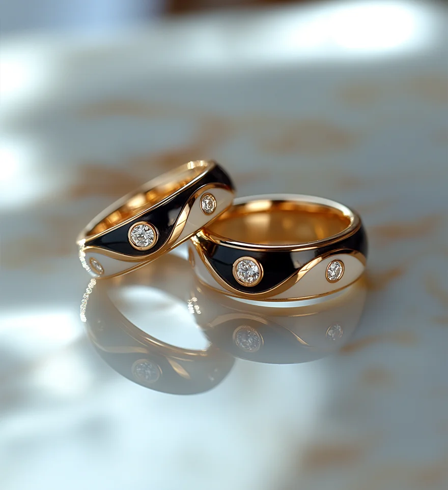 Custom 18K Pink Gold Diamond White And Black Enamel Couple Band Rings. Custom Custom Couple Rings. US