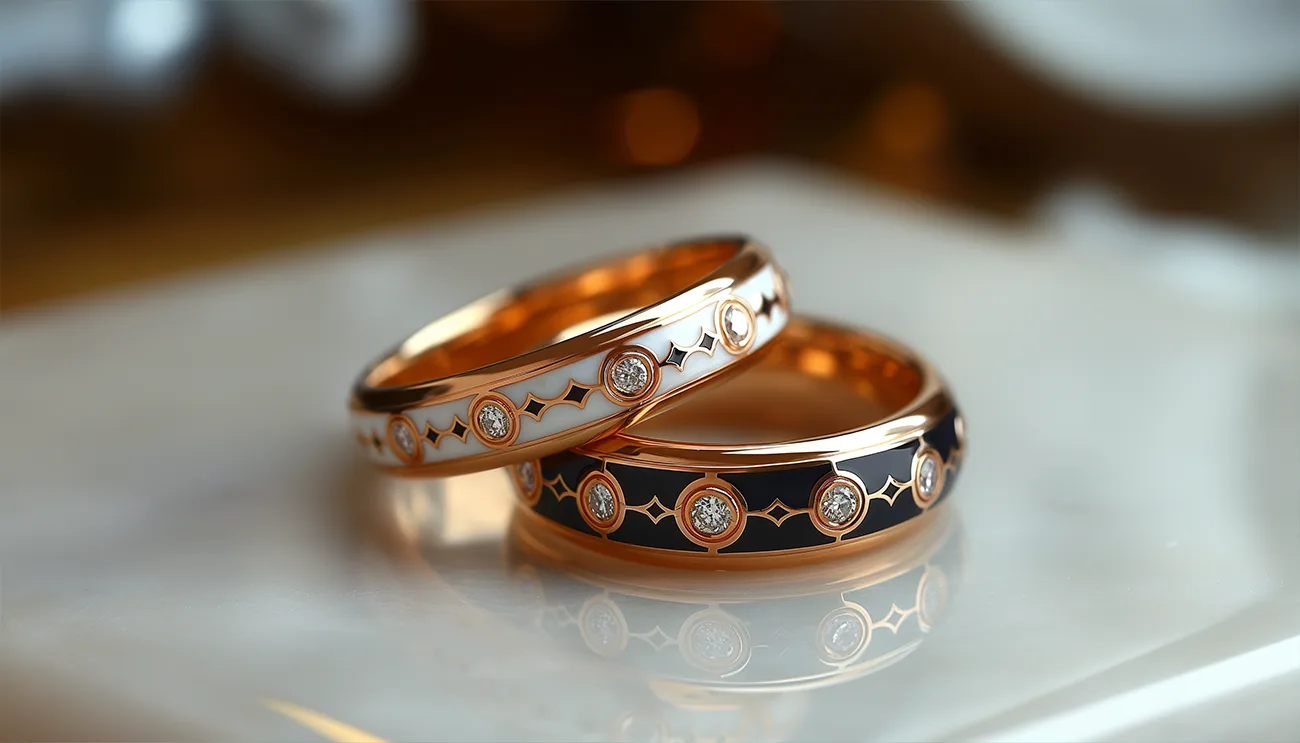 Custom 18K Pink Gold White And Black Enamel Diamond Couple Band Rings. Custom Custom Couple Rings. US