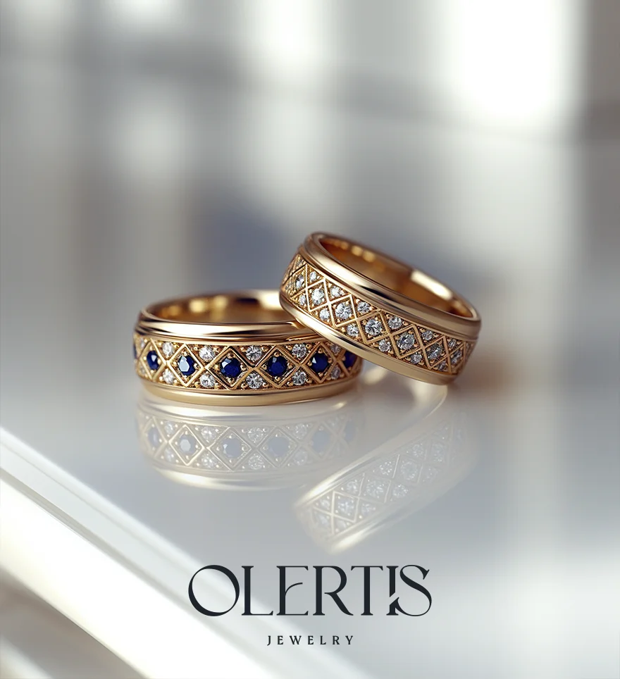 Custom 18K Pink Gold Diamond And Sapphire Couple Band Rings. Custom Custom Couple Rings. US