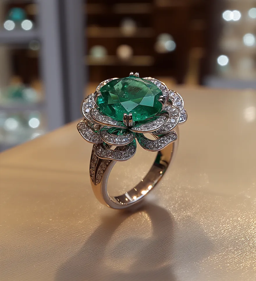 18K White Gold Emerald And Diamond Engagement Ring. Custom Emerald Engagement Rings. US