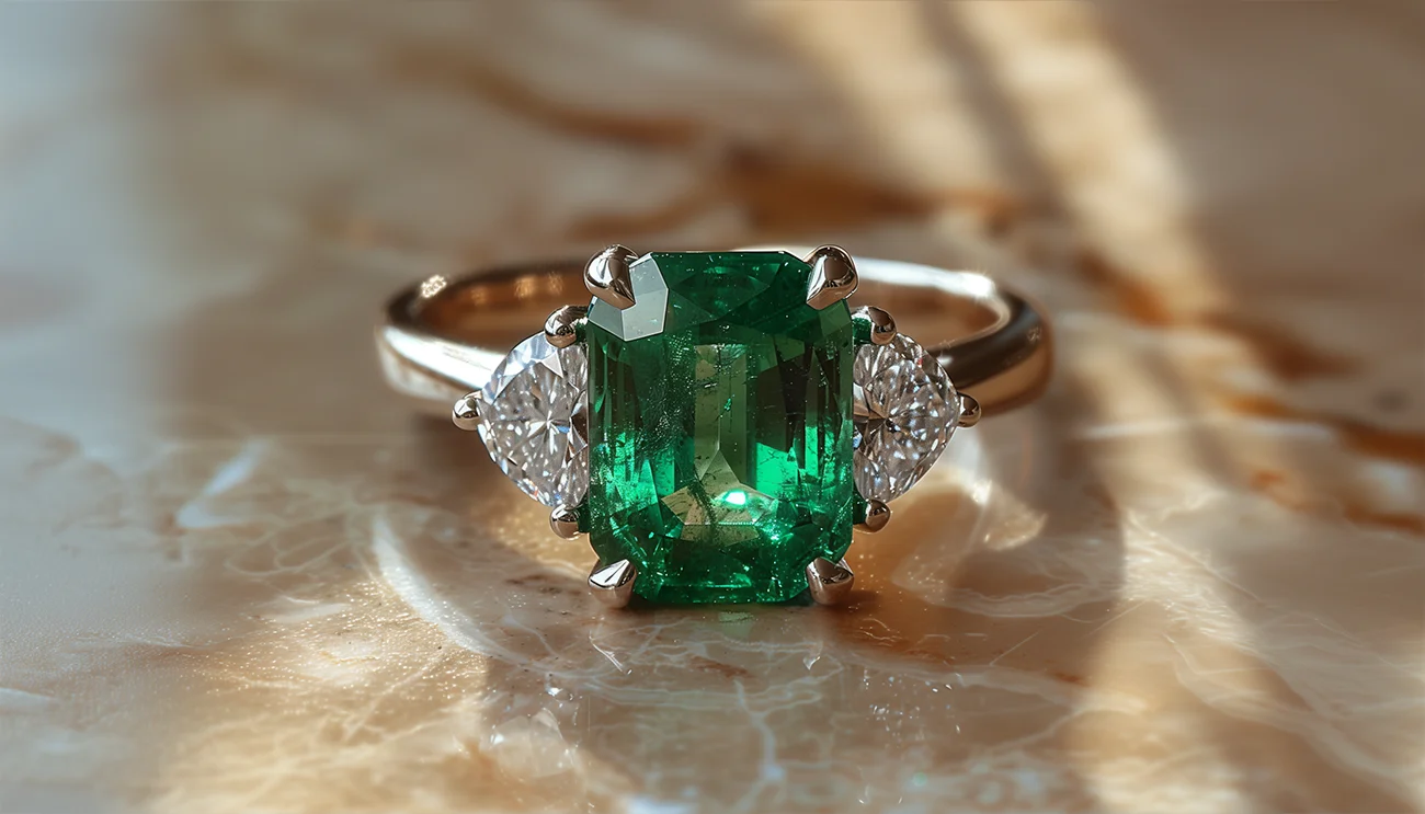 18K Rose Gold Emerald And Triangle-Cut Trillion Diamond Engagement Ring. Custom Emerald Engagement Rings. US