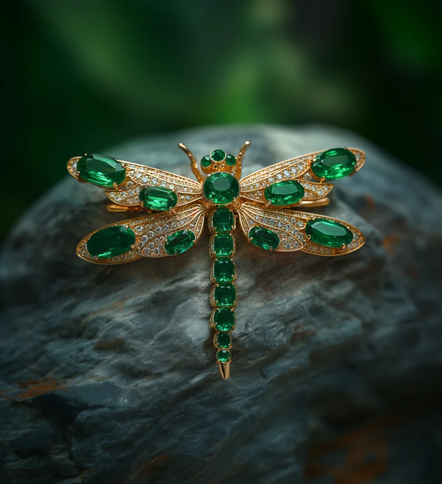 18K Yellow Gold Emerald Diamond Butterfly Custom Brooch. Emeral Brooch. US